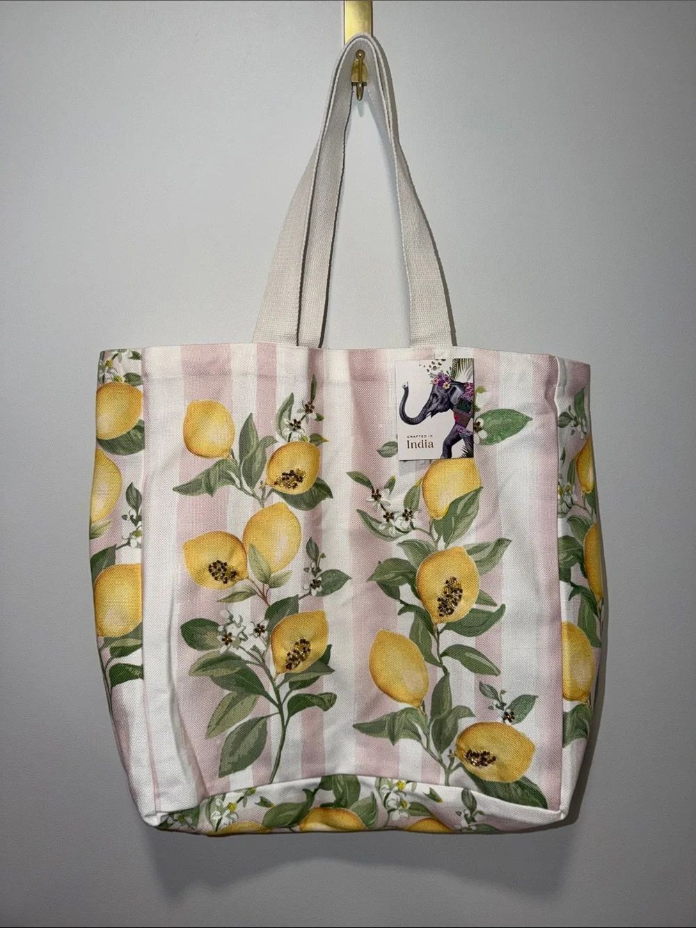 Pink Green White Yellow Stripe Lemon Floral Embellished Large Canvas Tote Bag